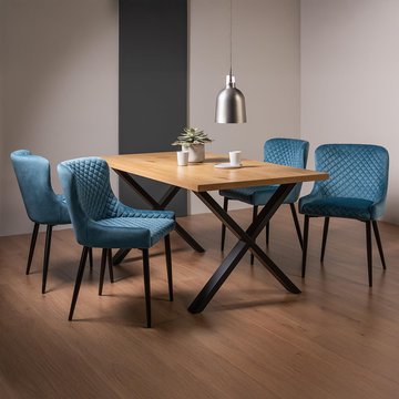Ramsay oak dining table set - 6 seater - 160cm - x leg - 4 cezanne petrol blue velvet chairs - black legs