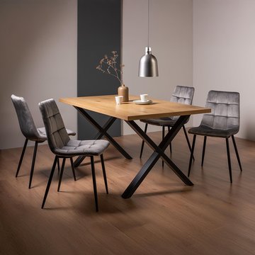 Ramsay oak dining table set - 6 seater - 160cm - x leg - 4 mondrian grey velvet chairs