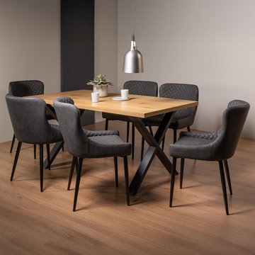 Ramsay oak dining table set - 6 seater - 160cm - x leg - 6 cezanne dark grey faux leather chairs - black legs