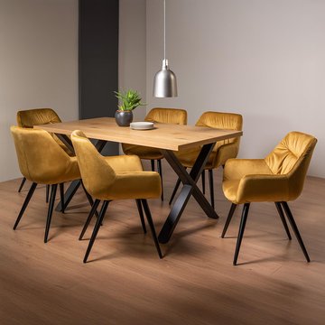 Ramsay oak dining table set - 6 seater - 160cm - x leg - 6 dali mustard velvet chairs