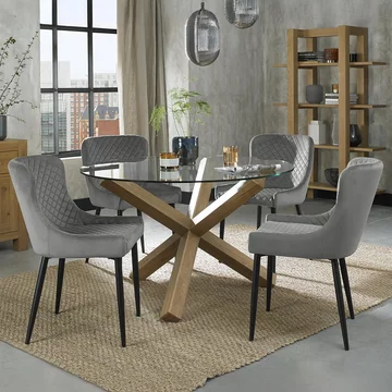 Turin glass dining table set - 4 seater - 120cm - round - light oak legs - 4 cezanne grey velvet chairs - black legs