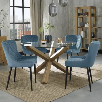 Turin glass dining table set - 4 seater - 120cm - round - light oak legs - 4 cezanne petrol blue velvet chairs - black legs