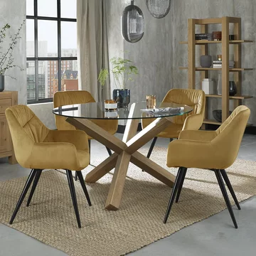Turin glass dining table set - 4 seater - 120cm - round - light oak legs - 4 dali mustard velvet chairs