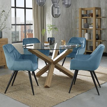 Turin glass dining table set - 4 seater - 120cm - round - light oak legs - 4 dali petrol blue velvet chairs