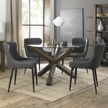 Turin glass round dining table - 4 seater - 120cm - dark oak legs - 4 cezanne dark grey faux leather chairs - black legs