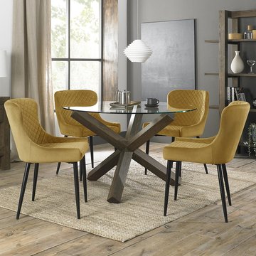 Turin glass round dining table - 4 seater - 120cm - dark oak legs - 4 cezanne mustard velvet chairs - black legs