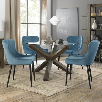 Turin glass round dining table - 4 seater - 120cm - dark oak legs - 4 cezanne petrol blue velvet chairs - black legs