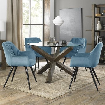 Turin glass round dining table - 4 seater - 120cm - dark oak legs - 4 dali petrol blue velvet chairs