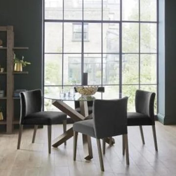 Turin glass round dining table - 4 seater - 120cm - dark oak legs - 4 gun metal velvet low back chairs