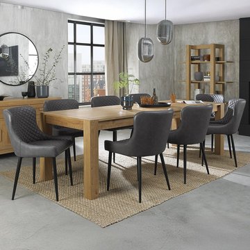 Turin light oak extending dining table set - 6-10 seater - 165cm-225cm - 8 cezanne dark grey faux leather chairs - black legs