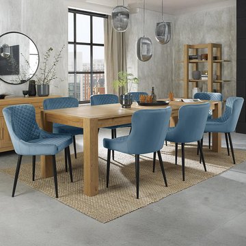 Turin light oak extending dining table set - 6-10 seater - 165cm-225cm - 8 cezanne petrol blue velvet chairs - black legs