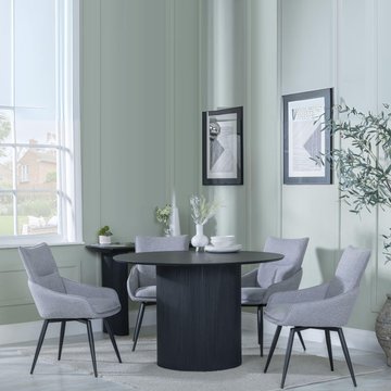 Bern fluted dining set - 4 seater - 120cm - round - black - 4x ace swivel dining chairs - grey fabric