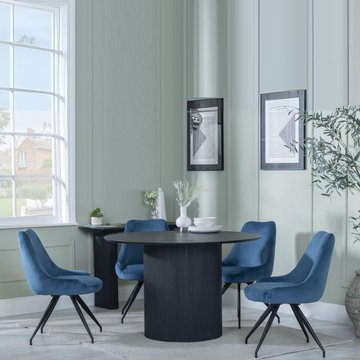 Bern fluted dining set - 4 seater - 120cm - round - black - 4x arctic swivel dining chairs - blue velvet fabric