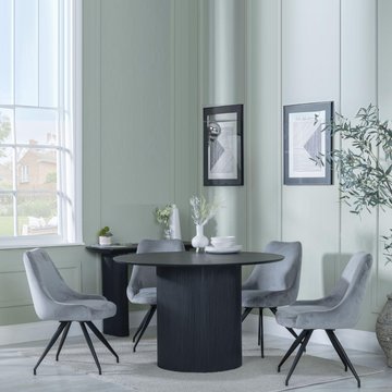Bern fluted dining set - 4 seater - 120cm - round - black - 4x arctic swivel dining chairs - grey velvet fabric
