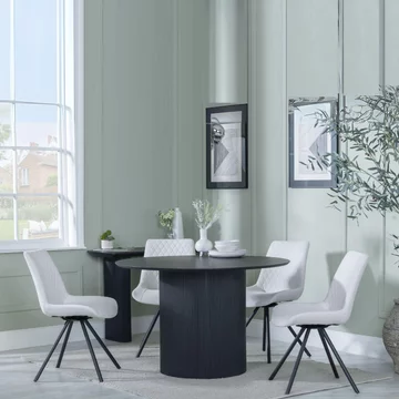 Bern fluted dining set - 4 seater - 120cm - round - black - 4x boden swivel dining chairs - cream fabric