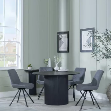 Bern fluted dining set - 4 seater - 120cm - round - black - 4x boden swivel dining chairs - grey fabric