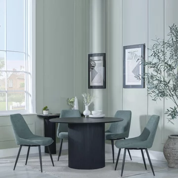 Bern fluted dining set - 4 seater - 120cm - round - black - 4x darwin dining chairs - green fabric