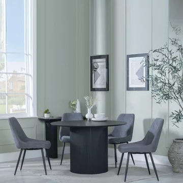 Bern fluted dining set - 4 seater - 120cm - round - black - 4x darwin dining chairs - grey fabric