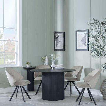 Bern fluted dining set - 4 seater - 120cm - round - black - 4x ion swivel dining chairs - beige velvet fabric