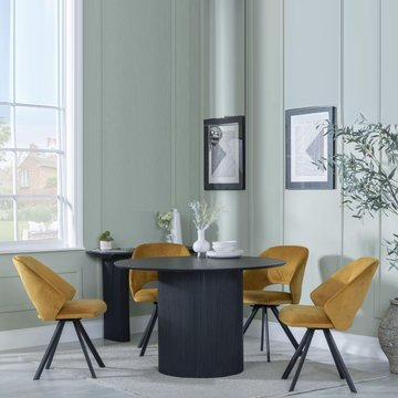 Bern fluted dining set - 4 seater - 120cm - round - black - 4x ion swivel dining chairs - mustard velvet fabric