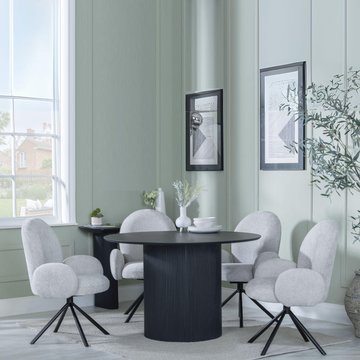 Bern fluted dining set - 4 seater - 120cm - round - black - 4x theo swivel dining chairs - grey fabric