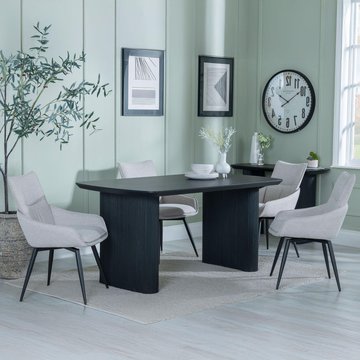 Bern fluted dining set - 6 seater - 160cm - black - ace swivel dining chairs - beige fabric