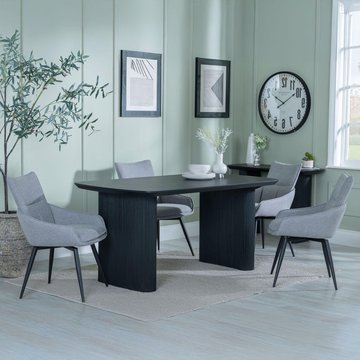 Bern fluted dining set - 6 seater - 160cm - black - ace swivel dining chairs - grey fabric