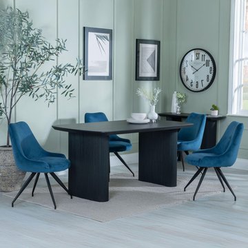 Bern fluted dining set - 6 seater - 160cm - black - arctic swivel dining chairs - blue velvet fabric