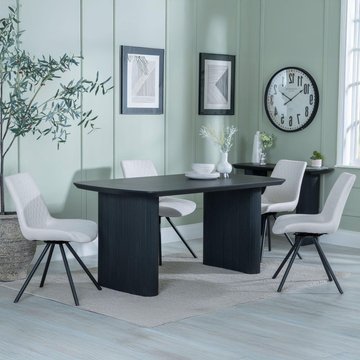 Bern fluted dining set - 6 seater - 160cm - black - boden swivel dining chairs - cream fabric