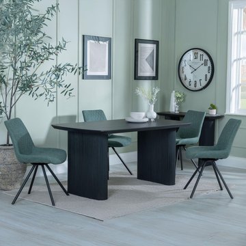 Bern fluted dining set - 6 seater - 160cm - black - boden swivel dining chairs - green fabric