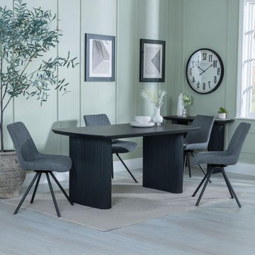 Bern fluted dining set - 6 seater - 160cm - black - boden swivel dining chairs - grey fabric