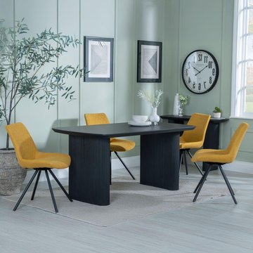 Bern fluted dining set - 6 seater - 160cm - black - boden swivel dining chairs - yellow fabric