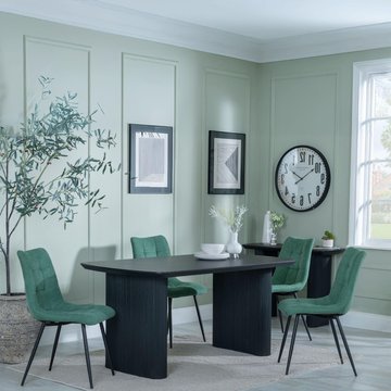 Bern fluted dining set - 6 seater - 160cm - black - corona dining chairs - green fabric