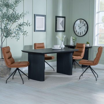 Bern fluted dining set - 6 seater - 160cm - black - diego swivel dining chairs - brown leather