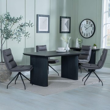 Bern fluted dining set - 6 seater - 160cm - black - diego swivel dining chairs - grey leather