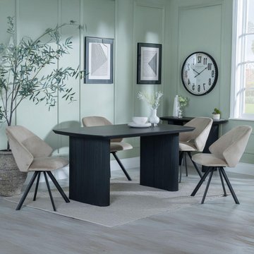 Bern fluted dining set - 6 seater - 160cm - black - ion swivel dining chairs - beige velvet fabric