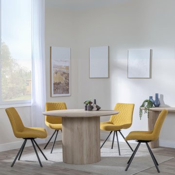 Bern fluted dining set - 4 seater - 120cm - round - oak - 4x boden swivel dining chairs - yellow fabric