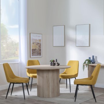 Bern fluted dining set - 4 seater - 120cm - round - oak - 4x darwin dining chairs - yellow fabric
