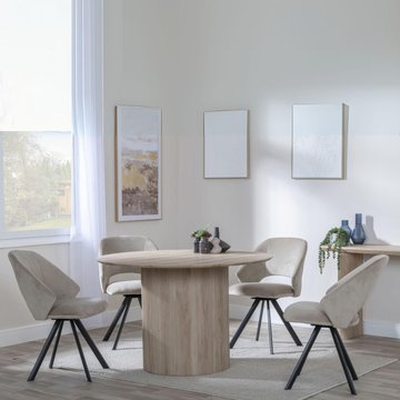 Bern fluted dining set - 4 seater - 120cm - round - oak - 4x ion swivel dining chairs - beige velvet fabric