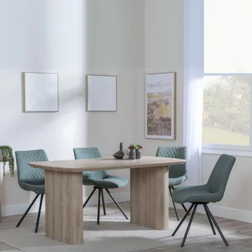 Bern fluted dining set - 6 seater - 160cm - oak - boden swivel dining chairs - green fabric