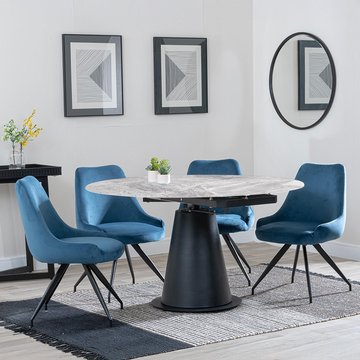 Carrara extending dining set - 85cm-135cm - round - grey ceramic - 4x arctic swivel chair - blue velvet fabric