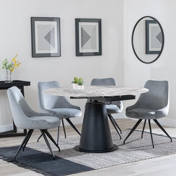 Get 2 chairs free - carrara extending dining set - 85cm-135cm - round - grey ceramic - 4x arctic swivel chair - grey velvet fabric