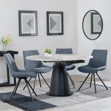 Get 2 chairs free - carrara extending dining set - 85cm-135cm - round - grey ceramic - 4x boden swivel chair - grey fabric