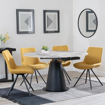 Get 2 chairs free - carrara extending dining set - 85cm-135cm - round - grey ceramic - 4x boden swivel chair - yellow fabric