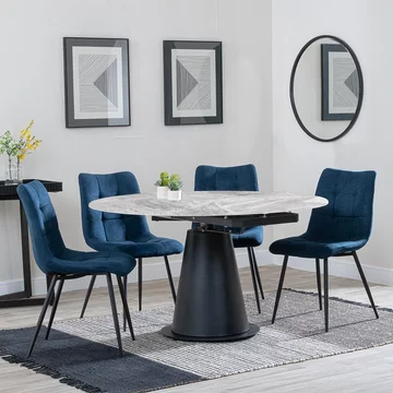 Get 2 chairs free - carrara extending dining set - 85cm-135cm - round - grey ceramic - 4x corona chair - blue fabric
