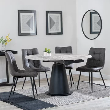 Get 2 chairs free - carrara extending dining set - 85cm-135cm - round - grey ceramic - 4x corona chair - grey fabric