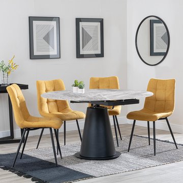 Carrara extending dining set - 85cm-135cm - round - grey ceramic - 4x corona chair - yellow fabric