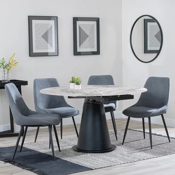 Get 2 chairs free - carrara extending dining set - 85cm-135cm - round - grey ceramic - 4x darwin chair - grey fabric