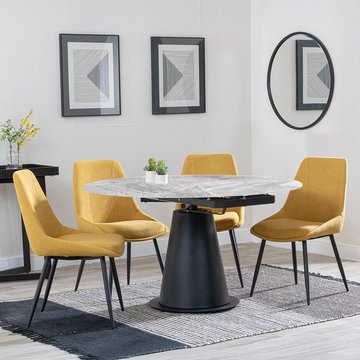 Get 2 chairs free - carrara extending dining set - 85cm-135cm - round - grey ceramic - 4x darwin chair - yellow fabric
