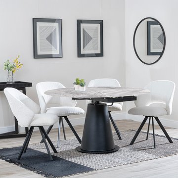 Carrara extending dining set - 85cm-135cm - round - grey ceramic - 4x ion swivel chair - cream boucle fabric